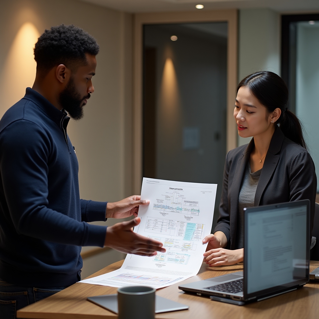 Infrastructure consultant examining core banking ledger system architecture with client team