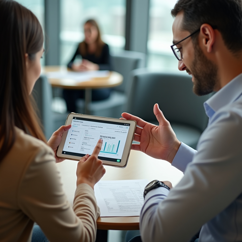 Consulting session reviewing digital wallet backend infrastructure on a tablet