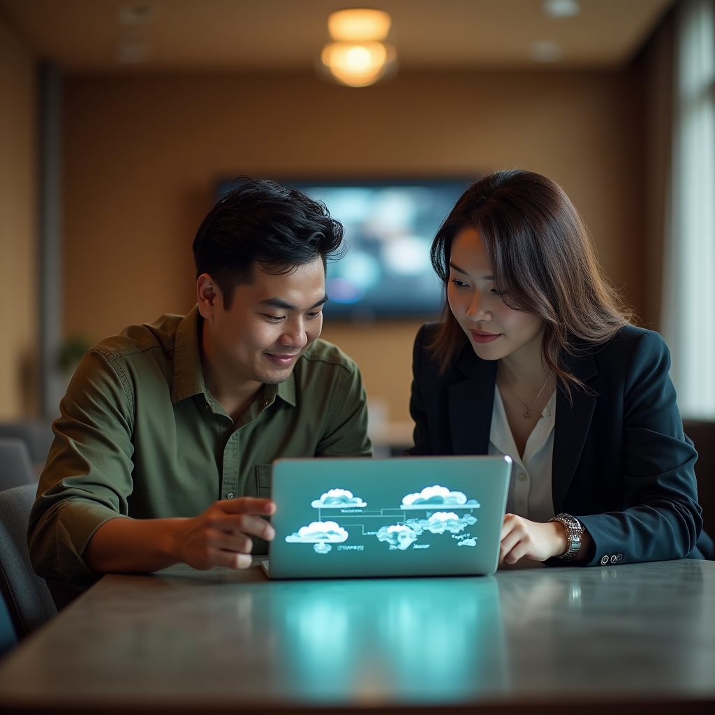 Infrastructure consultant reviewing cloud architecture diagrams with a fintech engineering team