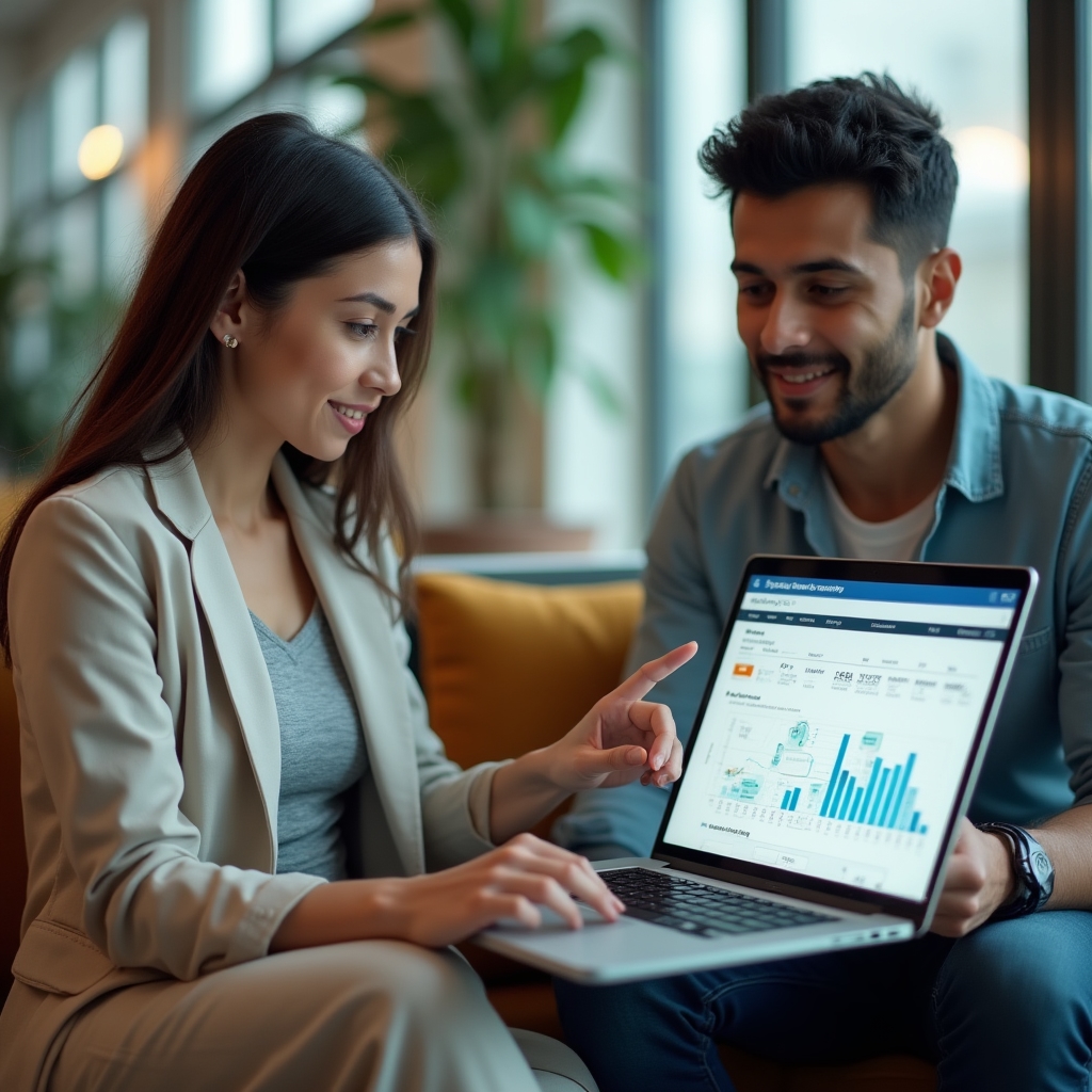 Consultant reviewing payment gateway architecture on a laptop with a colleague