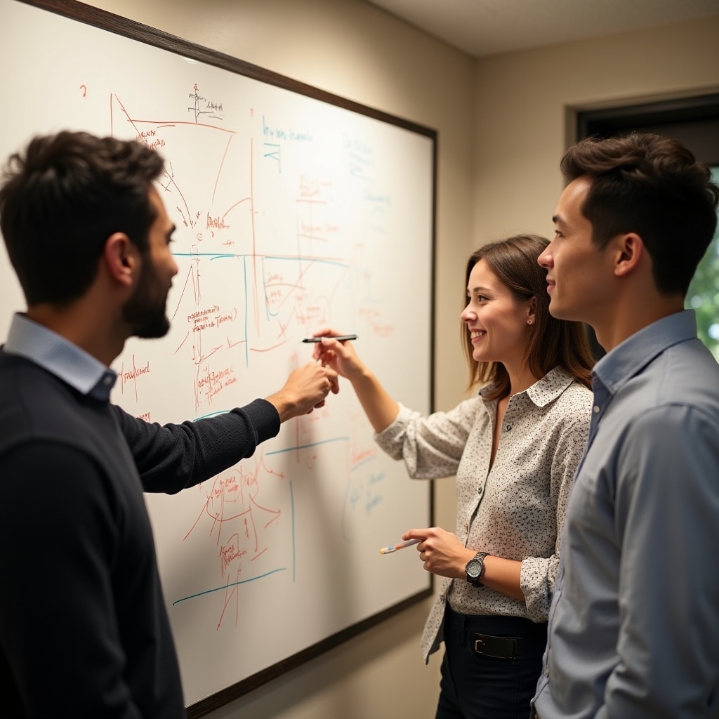 Engineering team reviewing infrastructure signals on a whiteboard during a planning session