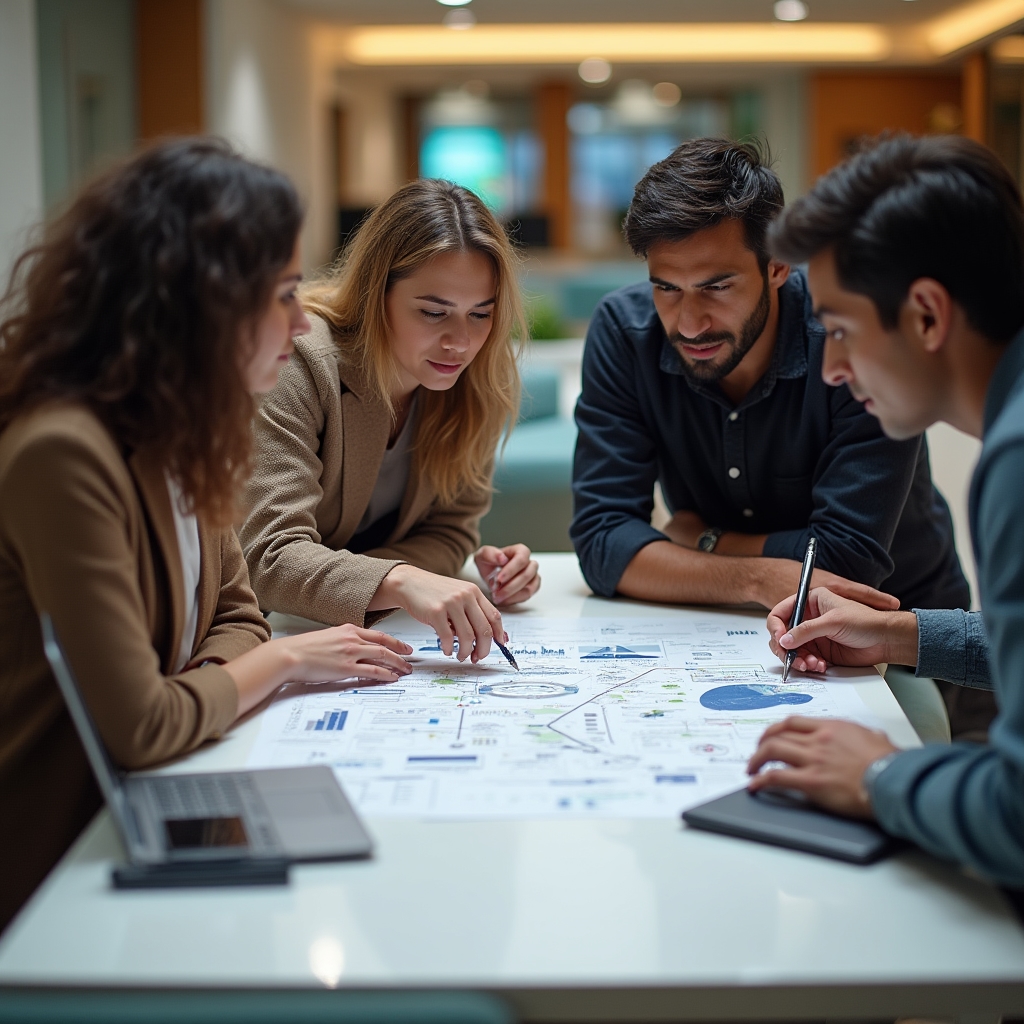 Fintech engineering team mapping cloud infrastructure dependencies together at a shared table