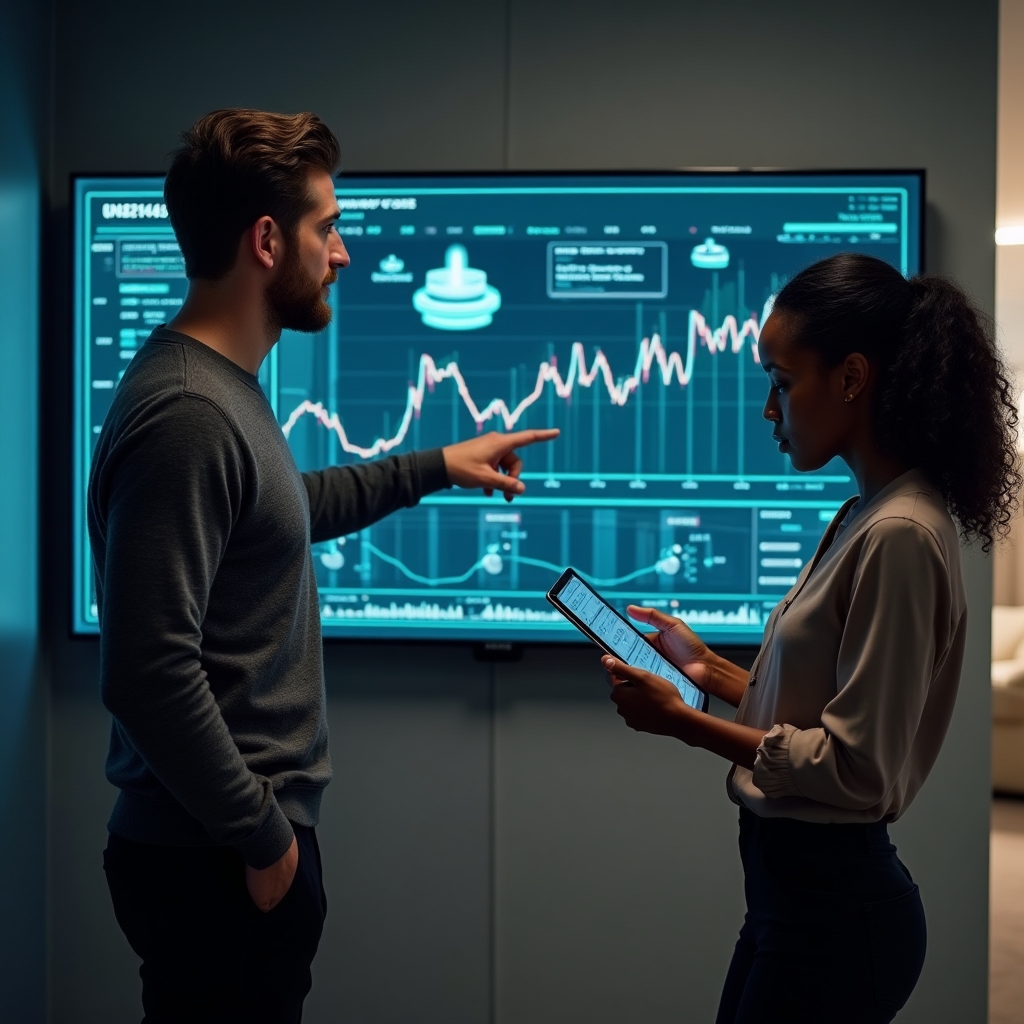 Two engineers analyzing trading system infrastructure diagrams on a screen